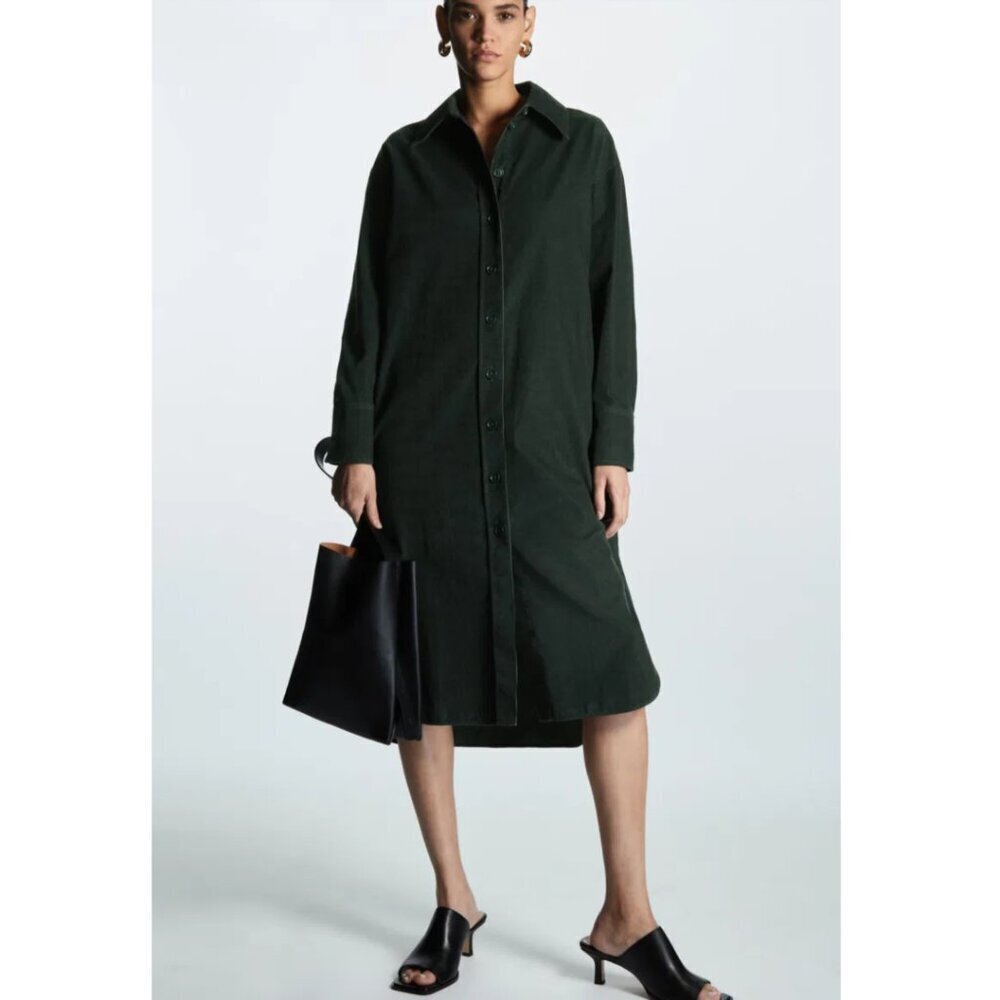 COS Corduroy Midi Shirt Dress Dark Green Oversized EU 34